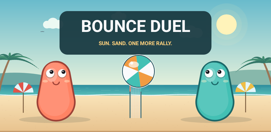 Orange and teal Bounce Duel characters ready to play volleyball on a sunny beach.