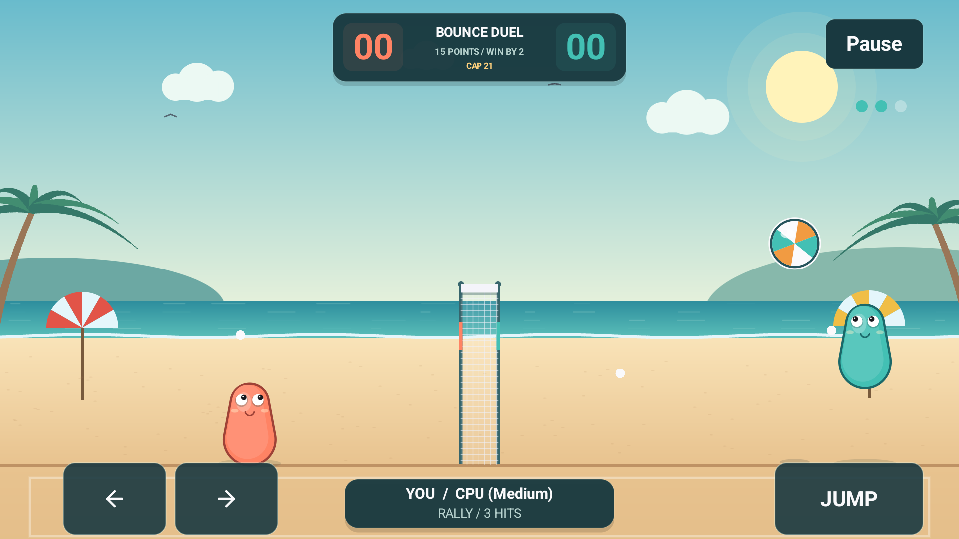 Actual Bounce Duel gameplay: a rally over the net with movement arrows on the left and a jump button on the right.